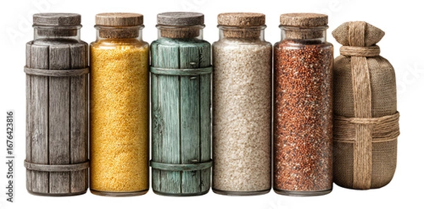 Fototapeta Assorted Glass Containers Filled with Colorful Ingredients on White Background