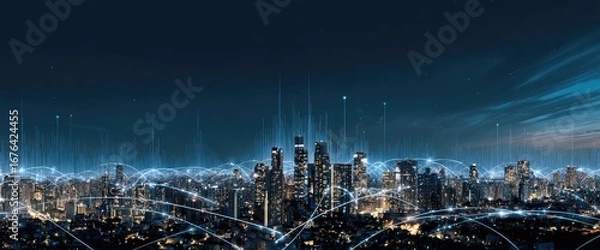 Obraz Night city skyline, interconnected by digital network
