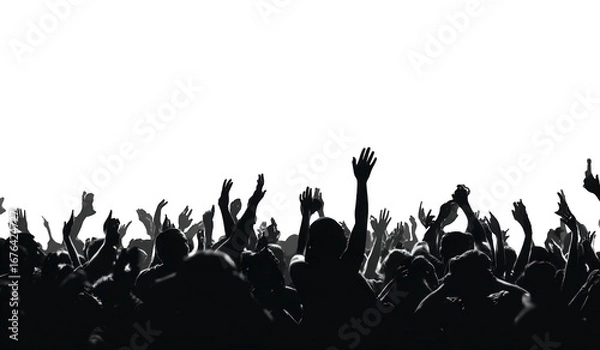 Obraz Silhouetted crowd with raised hands