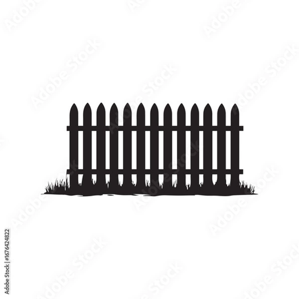 Fototapeta Silhouette of a Picket Fence With Grass on White Background