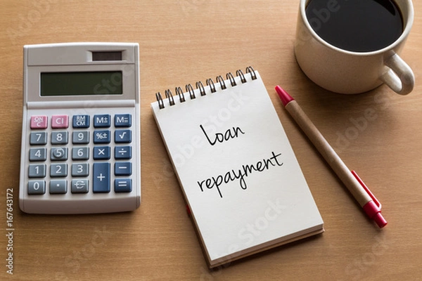 Fototapeta Thinking on Loan Repayment, personal finance conceptual - handwriting on notepad with cup of coffee and calculator