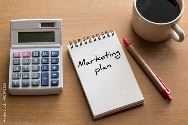 Fototapeta Marketing plan, business conceptual - handwriting on notepad with cup of coffee and calculator