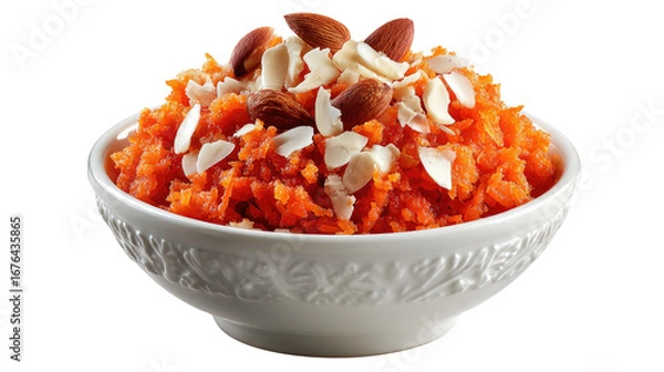 Fototapeta Gajar Halwa Delight: A vibrant, close-up of Gajar Halwa, a traditional Indian dessert, beautifully presented in a delicate bowl, garnished with almonds and almond flakes.