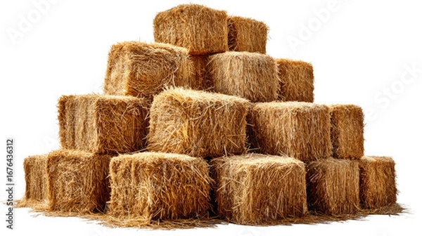 Fototapeta Hay Bales Stacked: A collection of rectangular hay bales is meticulously stacked, creating a rustic composition perfect for agriculture, farm, and countryside concepts.
