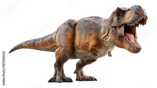 Fototapeta Prehistoric Power: Tyrannosaurus Rex Roaring! A colossal Tyrannosaurus Rex stands tall, mouth agape in a fearsome roar.