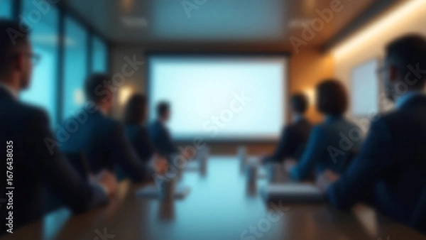 Fototapeta Abstract blurred business conference room. People in suits sitting around tables. Glowing presentation screen. Modern corporate environment.
