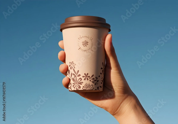 Fototapeta Hand holding a sustainable coffee cup against clear blue sky, showcasing ecofriendly design and promoting environmental awareness.
