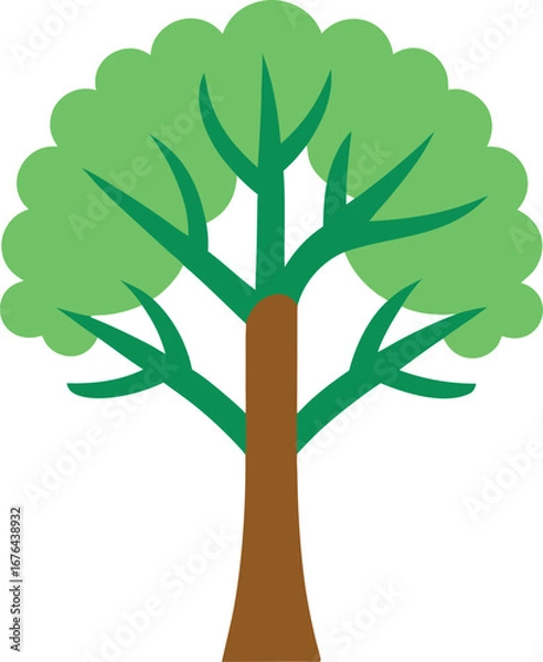Fototapeta Vector art of stylized illustration of a green leafy tree with a brown trunk, isolated on a