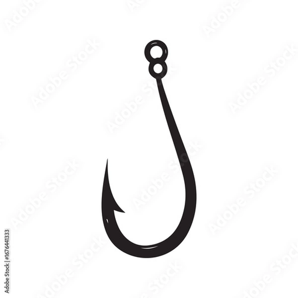 Fototapeta Simple Black Fishing Hook With Barb and Eye on White Background