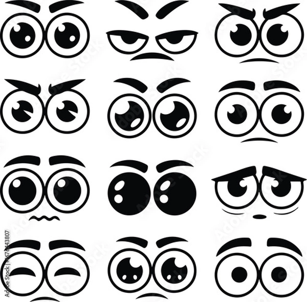Fototapeta Twelve cartoon eye expressions showcase diverse emotions across a white transparent backdrop