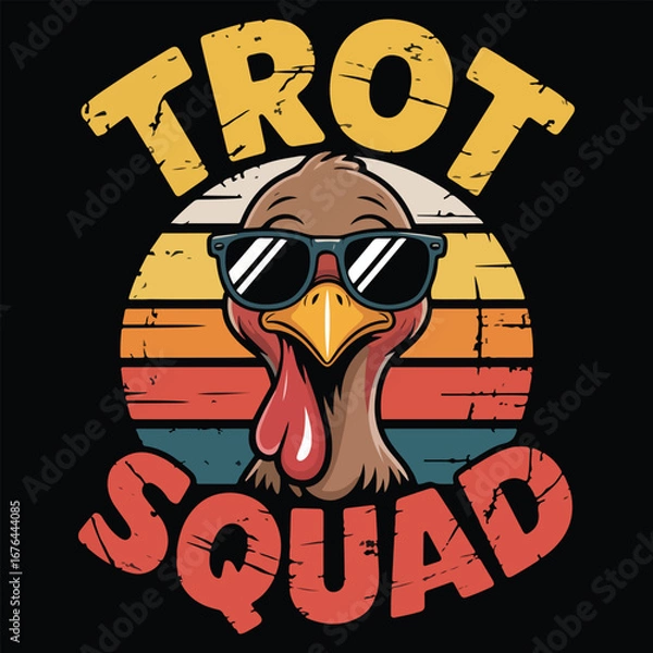 Fototapeta Turkey with sunglasses stands proudly above the Trot Squad text in vintage sunset background