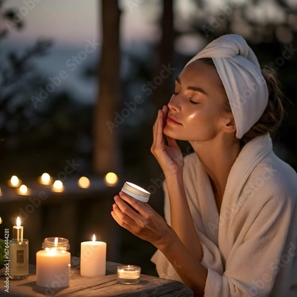 Fototapeta Night cream ritual by candlelight. Skincare scene with model applying night cream, soft warm intimate glow.
