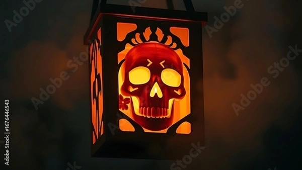 Fototapeta Glowing Halloween Lantern with Spooky Skull Design on Dark Background
