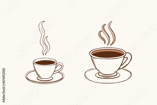 Fototapeta Two Coffee Cups with Steam, Small and Large Delineated Sketch, Minimalist Beige Background