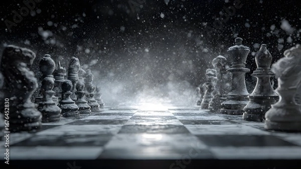 Fototapeta A chessboard covered in snow, showcasing chess pieces blanketed in a wintery scene, under a dark and stormy sky.