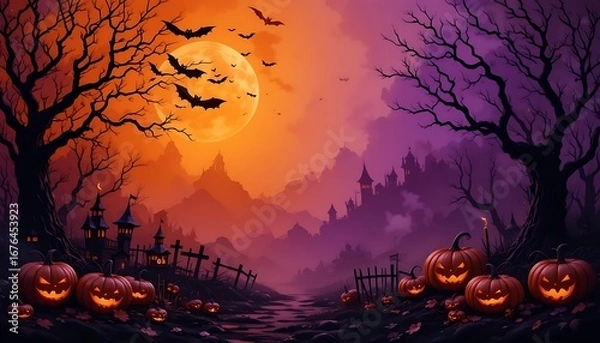 Fototapeta Halloween Themed Background With Spooky Webs, Bats, and Orange Glow