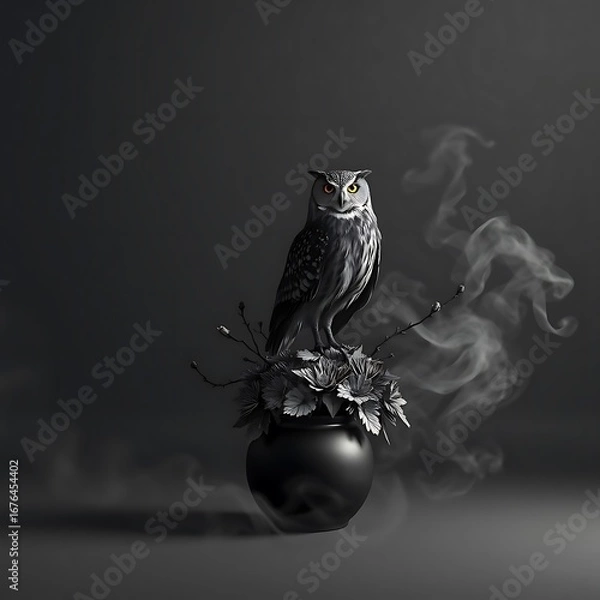 Fototapeta Barred Owls Perched Calmly on Books with Autumn Leaves in a Dark Scene