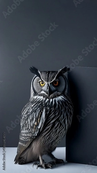 Fototapeta Barred Owls Perched Calmly on Books with Autumn Leaves in a Dark Scene