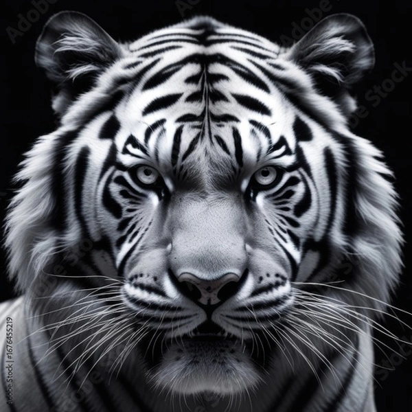 Obraz Black and white photograph of a white tiger, showcasing its striking black stripes against its fur. The tiger appears to be in a dynamic pose, with its mouth open, revealing its sharp teeth and fangs.