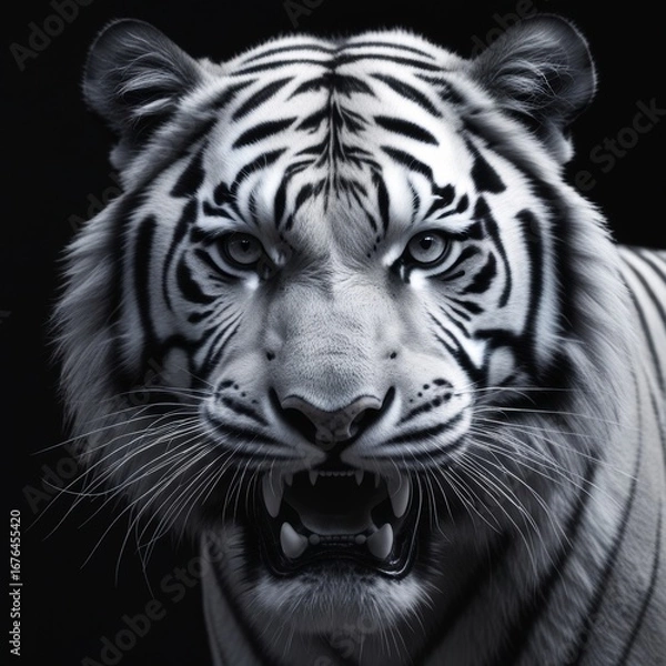 Obraz Black and white photograph of a white tiger, showcasing its striking black stripes against its fur. The tiger appears to be in a dynamic pose, with its mouth open, revealing its sharp teeth and fangs.