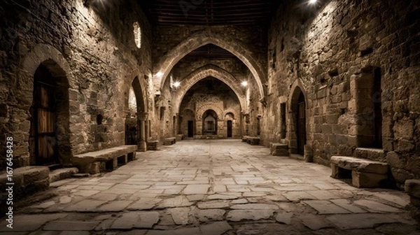 Fototapeta An ancient stone corridor stretches into a dimly lit, historical monastery, highlighted by arched doorways and stone benches.