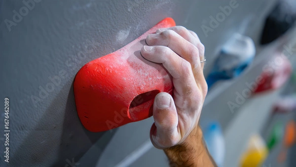 Fototapeta A Person's Hands Gripping a Red Climbing Hold in an Indoor Climbing Gym