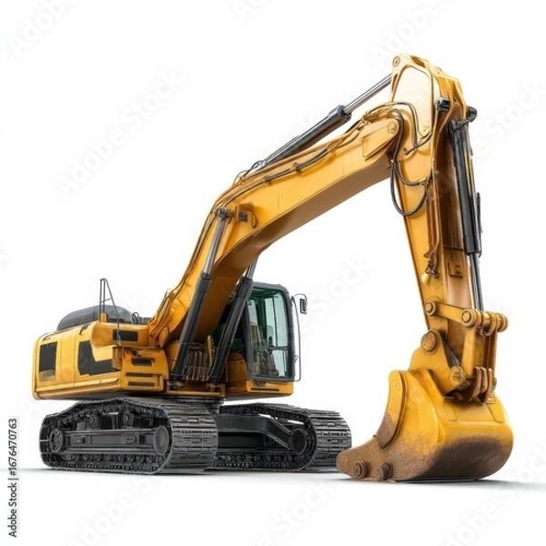 Obraz Heavy yellow excavator on a white isolated background, showcasing its impressive design and functionality.