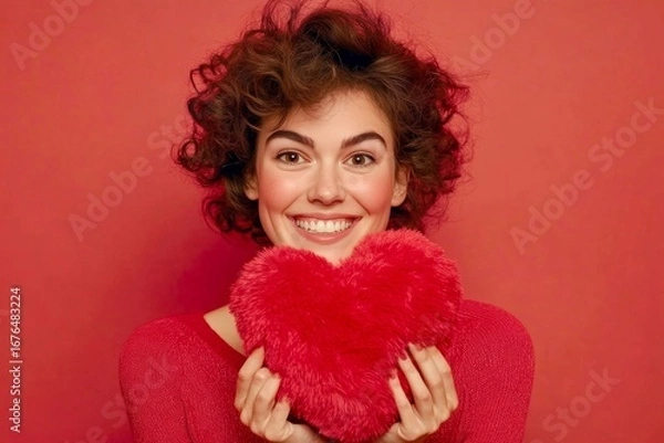 Fototapeta Professional studio image, copy space.  Cute Valentine's Day greeting.  Isolated white adult woman on red background with fluffy heart in hands.