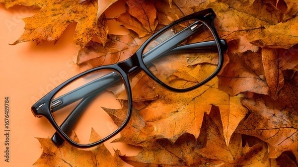 Fototapeta A pair of black eyeglasses rest amongst vibrant autumn leaves on a muted orange surface, showcasing a tranquil fall scene.