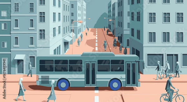 Obraz An illustration of a city bus on a street surrounded by tall buildings, with pedestrians walking and a cyclist riding by.