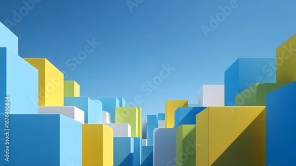 Fototapeta Geometric shapes create a colorful, vibrant skyline against a clear, bright sky.