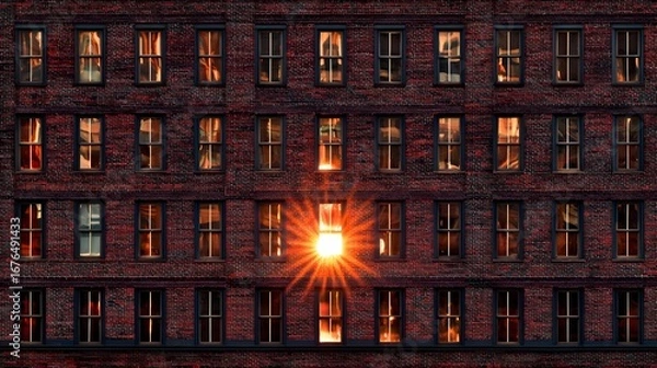 Fototapeta A majestic brick building facade, illuminated by the radiant glow of the setting sun, shines brightly through a central window, casting a dramatic light show across the structure.