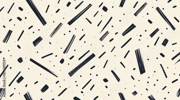 Fototapeta Abstract seamless pattern with dark brush strokes and dots on a light beige background.