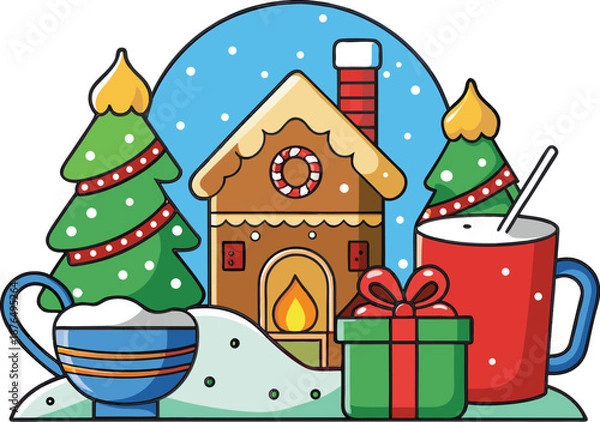 Fototapeta Whimsical Christmas scene with gingerbread house, trees, hot chocolate mugs and gifts in snow holiday  EPS vector file download