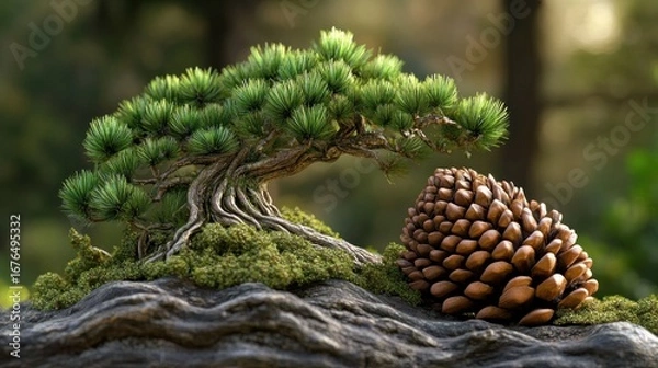 Fototapeta Miniature bonsai tree with exposed roots and a large pine cone on a mossy rock.
