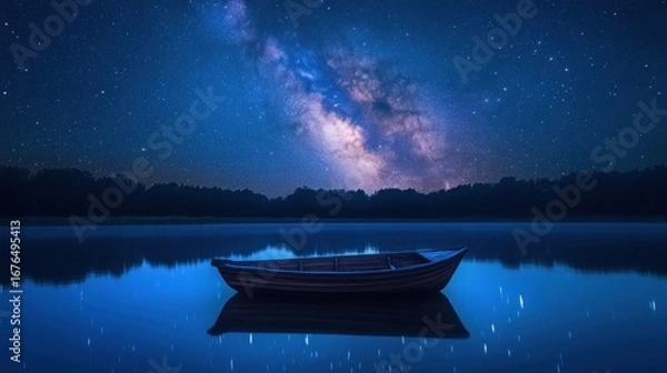 Fototapeta Serene night scene of a rowboat on a calm lake under a mesmerizing Milky Way galaxy.