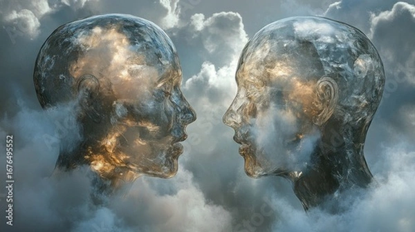 Fototapeta Two translucent heads, filled with clouds and light, facing each other in a cloudy sky.