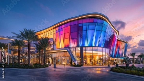 Fototapeta Colorful modern building at dusk.