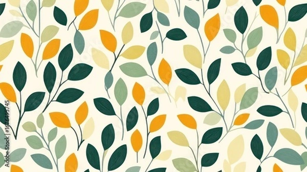 Fototapeta Seamless pattern of stylized leaves in orange, green, and yellow on a cream background.