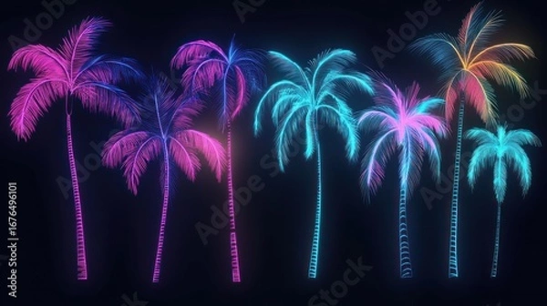 Fototapeta Glowing neon palm trees on dark background.