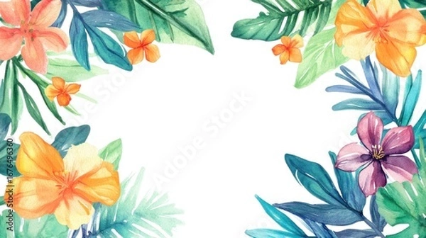 Fototapeta Watercolor tropical floral frame with vibrant flowers and leaves on white background.