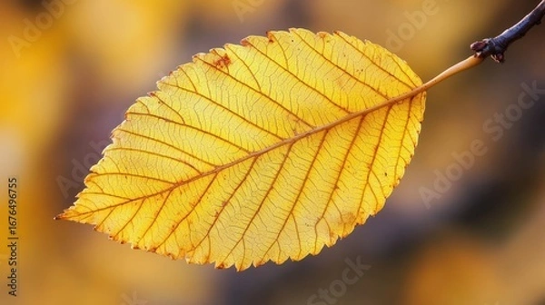 Fototapeta Single yellow autumn leaf on branch, close-up.