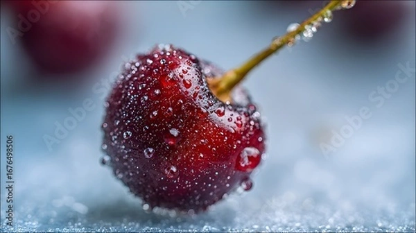 Fototapeta Close-up of a glistening cherry, showcasing vibrant red tones and water droplets, with a soft, light-blue backdrop, highlighting the fruit's texture and detail.
