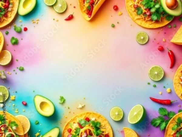 Fototapeta A vibrant 3D pattern showcasing fresh guacamole with avocados, lime wedges, and tortilla chips, perfect for Mexican food branding and festive culinary designs.