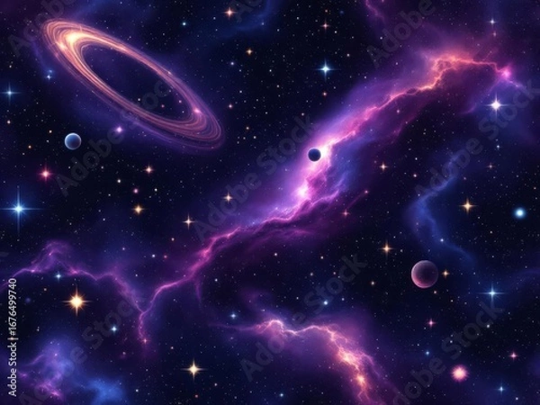 Fototapeta A cosmic galaxy pattern with stars, planets, and swirling nebulae.