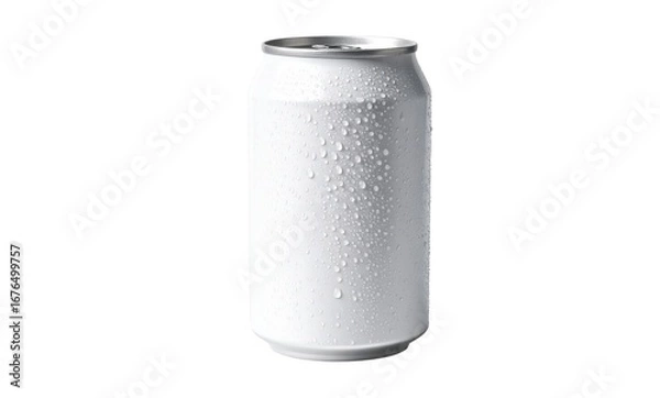 Fototapeta A sleek, blank white aluminum beverage can, glistening with cool condensation, ready for custom branding and refreshing drink packaging design, isolated on a clean white background