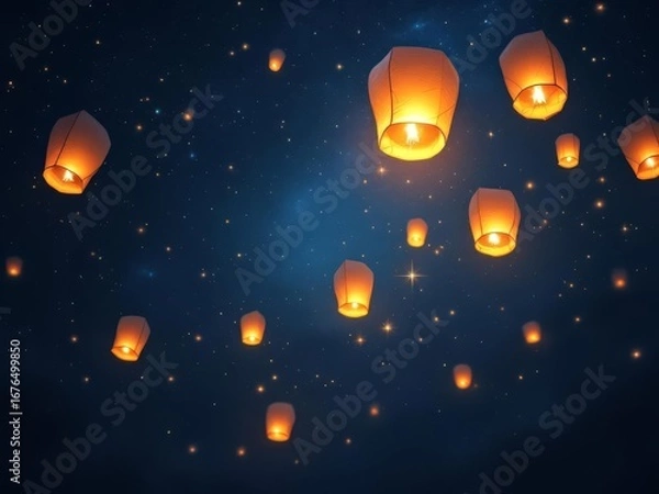 Fototapeta A serene background with glowing lanterns floating in the night sky.