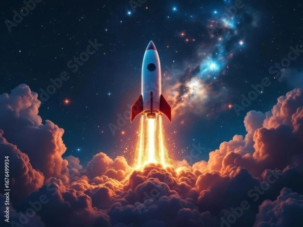 Fototapeta A futuristic rocket launch background with glowing trails and a starry sky.