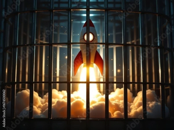 Fototapeta A rocket trapped inside a cage, symbolizing potential, ambition, and the desire for freedom to innovate, perfect for motivational and symbolic designs.