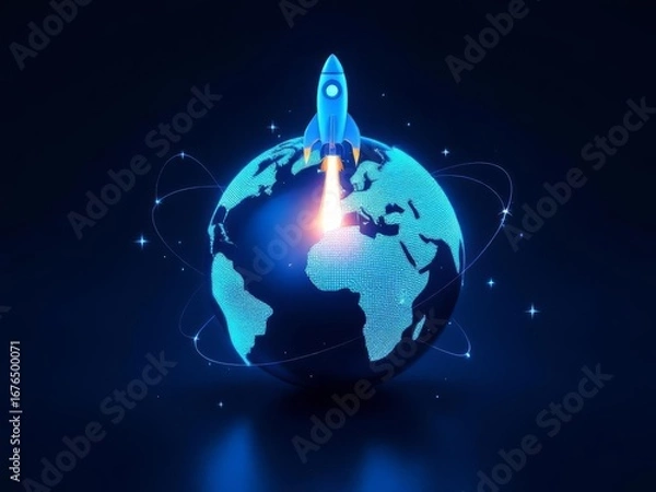 Fototapeta A futuristic clock with a rocket inside, symbolizing time, progress, and speed in achieving goals, perfect for business and startup-focused designs.